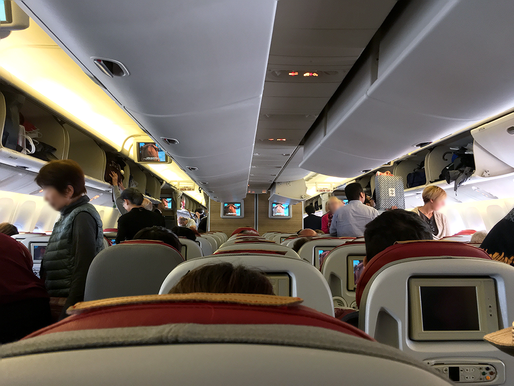 アリタリア航空の機内。座席の上から少し赤色で見えているのが不必要な枕