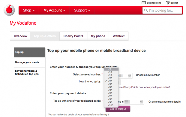 「Vodafone IE」再チャージは5ユーロから可能