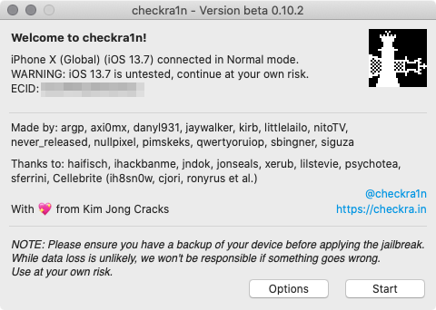 「iOS13.7」対応にしたら実行。エラーになる可能性はほぼなしの完成度となっている「checkra1n」