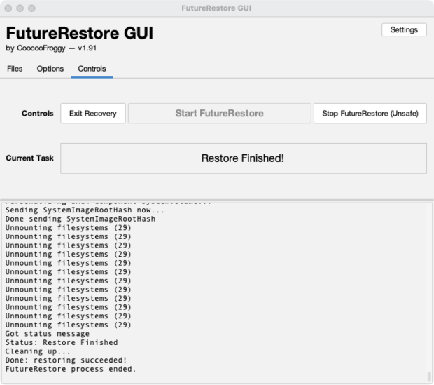 「Futurerestore GUI」での作業終了