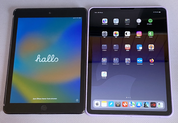 「iPad 2018」と「iPad Air 5」。やはり、画面の鮮明度にかなりの違いがある