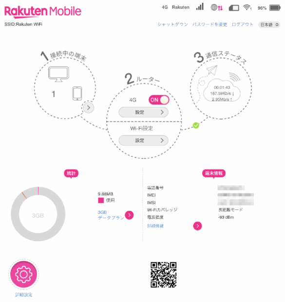 「Rakuten WiFi Pocket 2C」の管理画面トップページ