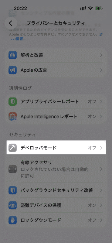 「設定」の「プライバシーとセキュリティ」内の「デベロッパモード」を操作する