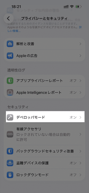 「デベロッパモード」がオンになる