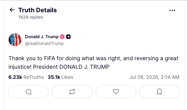 トランプ大統領のレッドカード取り消しに感謝するSNSの発信